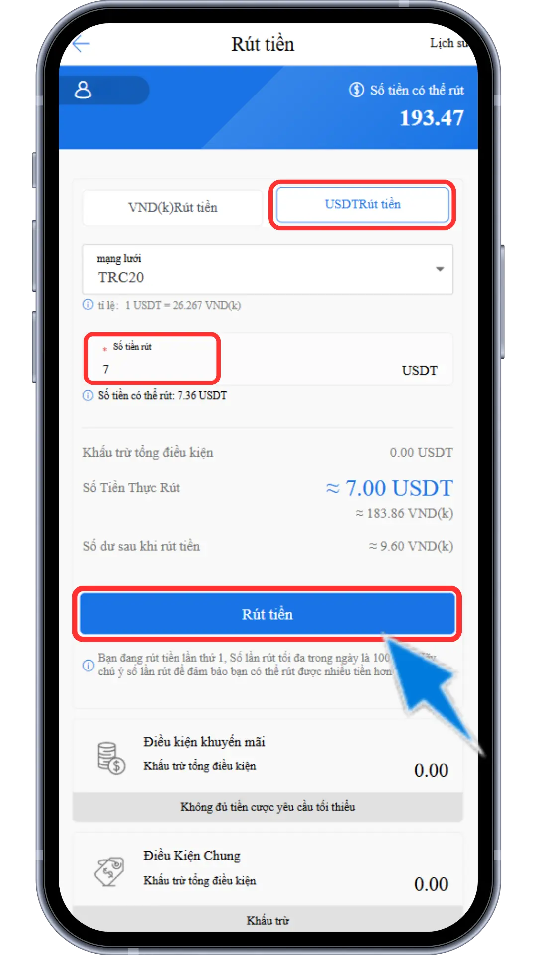 Bước 3: Chọn ĐƠN VỊ RÚT TIỀN USDT » Nhập số tiền muốn rút  » Ấn RÚT TIỀN